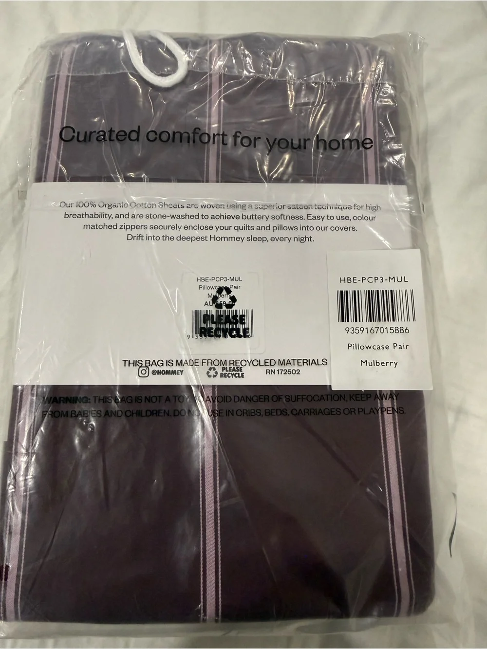 Hommey Organic Cotton Pillowcase Pair Mulberry Stripe NWT